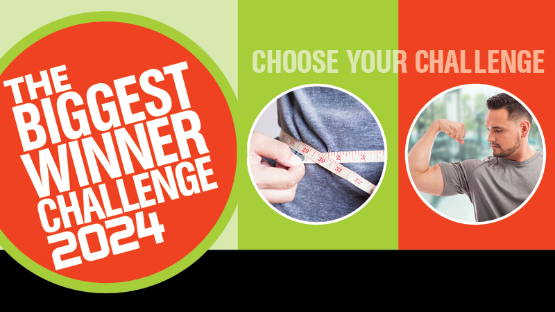 Graphic with The Biggest Winner Challenge 2024 choosing muscle gain or fat loss